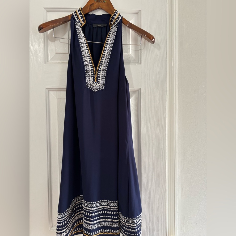 THML Embroidered Sleeveless Casual Dress, Navy Blue, Size Small